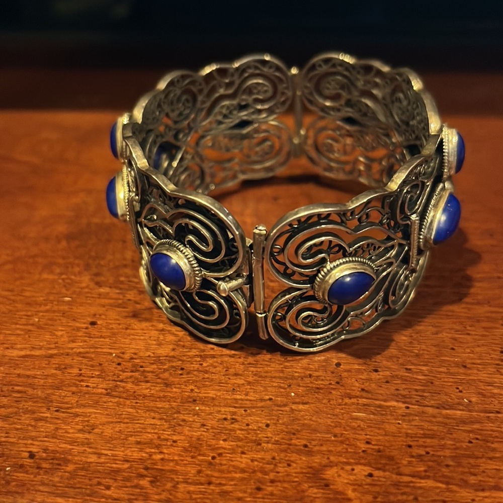 QVC Artisan Crafted Sterling Silver Lapis Filigree Bangle Bracelet - Picture 6 of 10